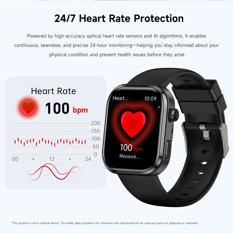 G47 smartwatch with black silicone band displaying a heart rate screen
