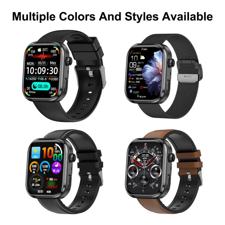 G47 smartwatch with rectangular color display and four black, mesh steel, and brown strap styles