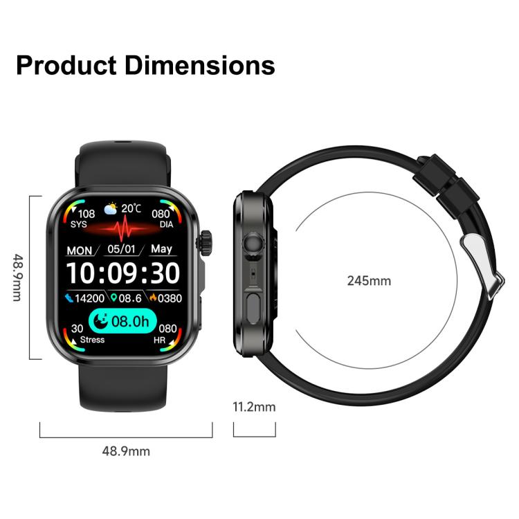 G47 smartwatch with black band, shown with 48.9 mm case dimensions