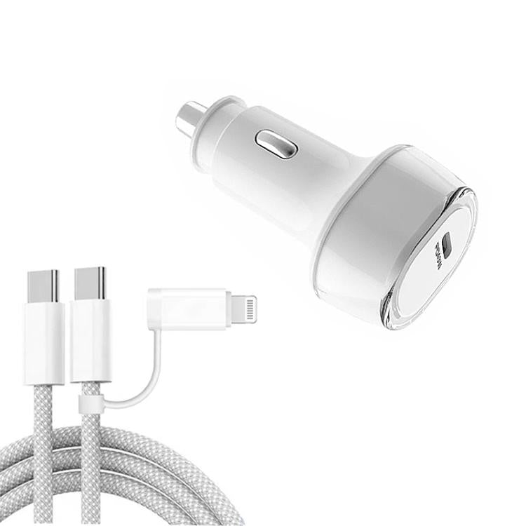 White car USB-C buck boost charger with attached Type-C and 8-pin charging cables