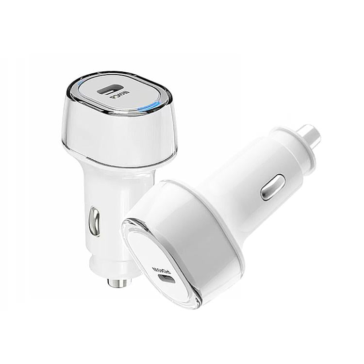 White car USB-C charger with Type-C port and attached charging adapter cable connectors