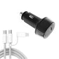 Black car USB-C buck boost charger with attached Type-C and 8-pin charging cables
