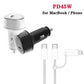 Car USB-C fast charger set in white and black with Type-C and 8-pin cables