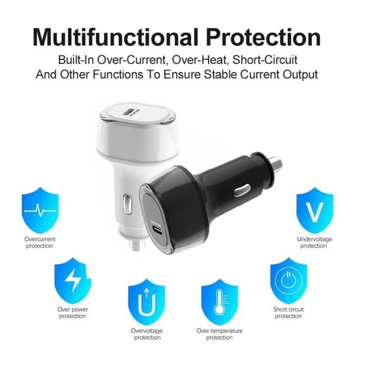 Car USB-C charger with overcurrent, overheat, and short-circuit protection features