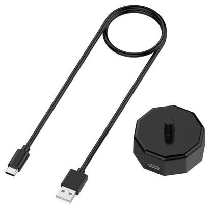 Black USB charging cable with connector and octagonal charger base dock