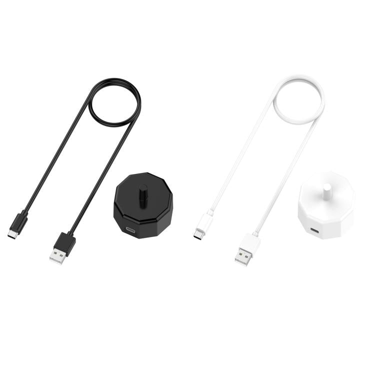 Black and white USB charging cables with octagonal charger base docks