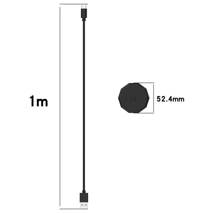 Black USB charging cable, 1 m length; octagonal base measures 52.4 mm