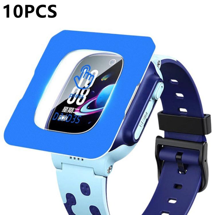 Tempered glass watch screen protector with blue alignment frame on a blue and navy watch