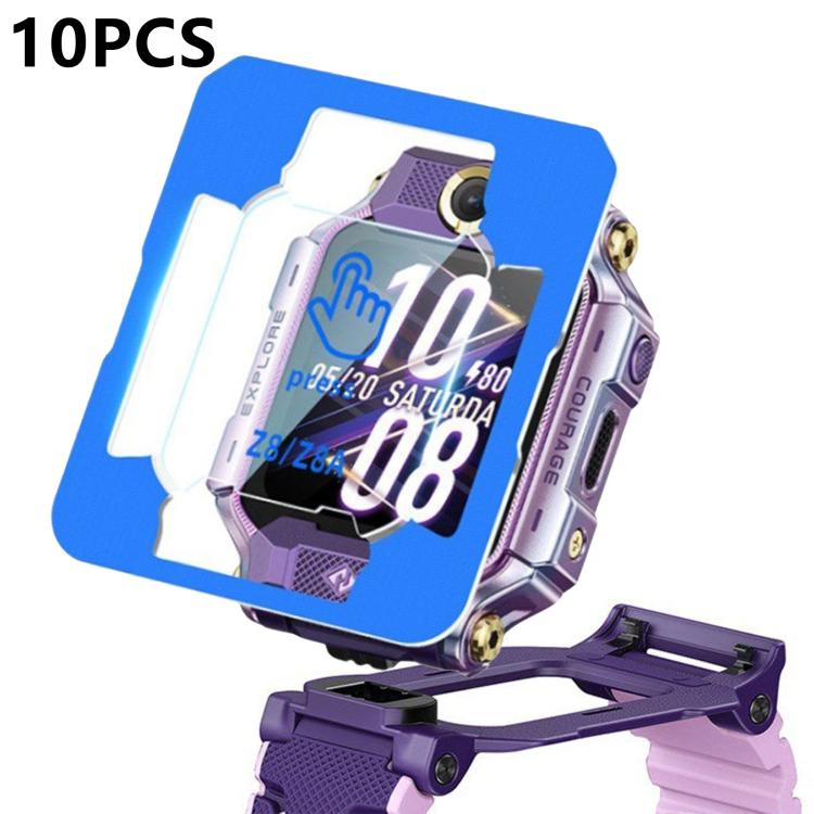 Tempered glass watch screen protector with blue positioning frame, shown on a purple watch