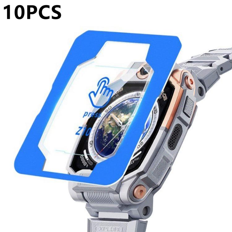 Watch screen protector with blue positioning frame displayed over a gray rugged watch