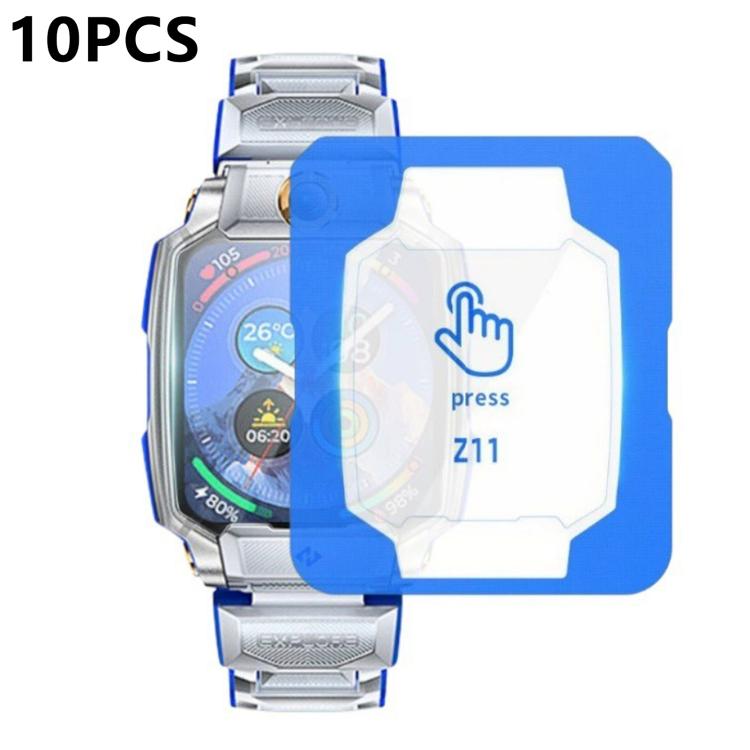 Clear watch screen protector with blue positioning frame beside a silver watch