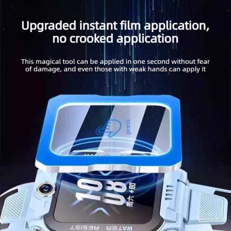 Tempered glass watch screen protector with blue installation frame fitted over a watch screen
