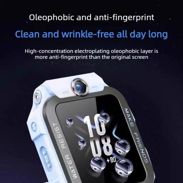 Watch screen protector shown on a white smartwatch with water droplets on the display