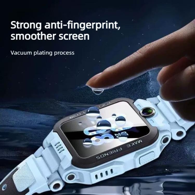 Tempered glass screen protector on a watch beneath a fingertip and water droplets