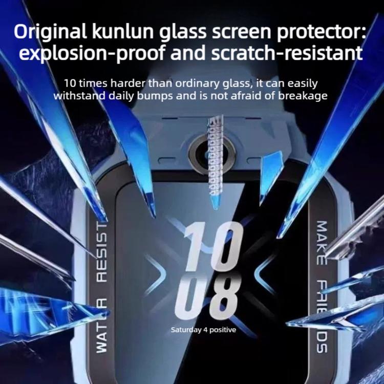 Watch screen protector shown covering a display surrounded by shards of glass