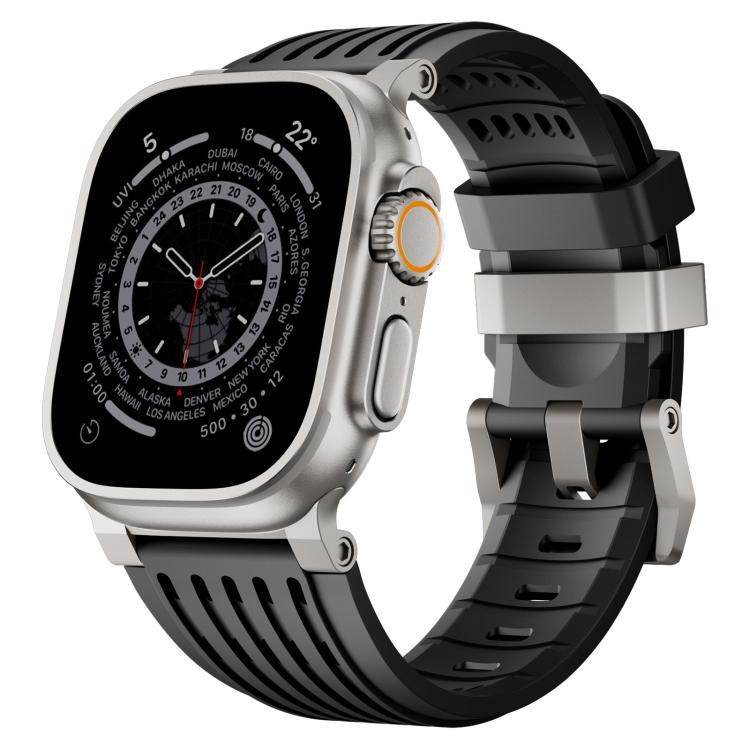 Black vented silicone Apple Watch band with double ring buckle