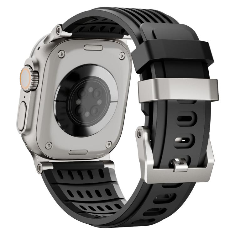 Black breathable silicone watch band with stainless steel double-ring pin buckle, shown on watch back