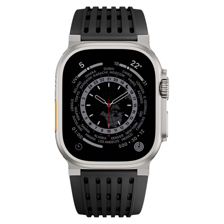 Black breathable silicone watch band with stainless steel buckle, shown on a watch face-on