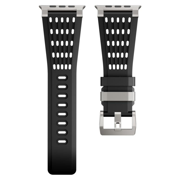 Black breathable silicone watch band pieces with metal connectors and double-ring pin buckle