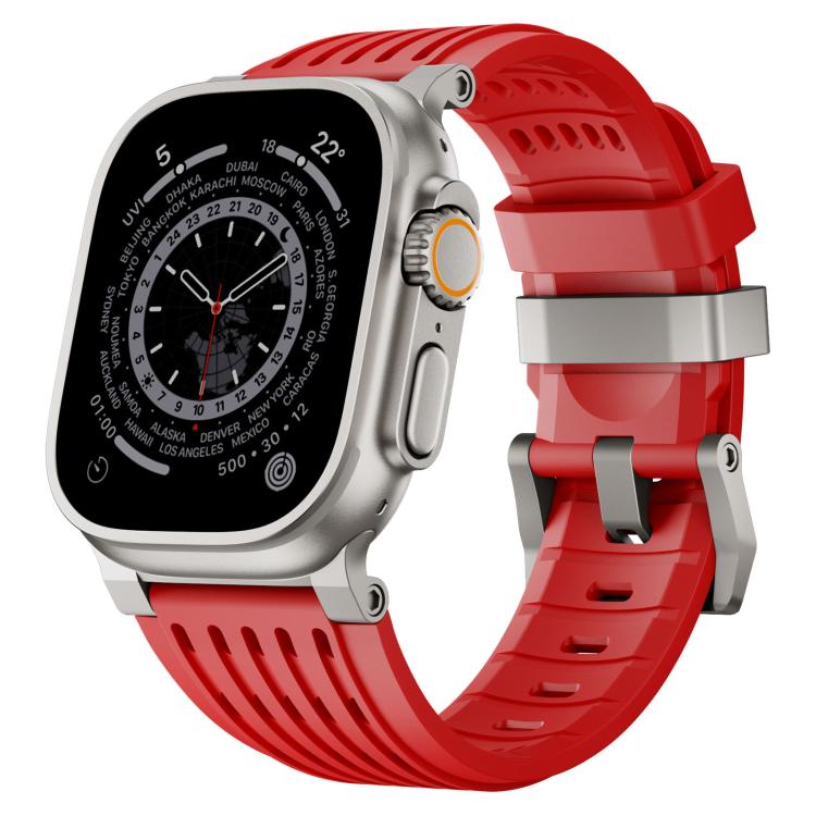 Red breathable silicone watch band with stainless steel double-ring buckle on a silver watch