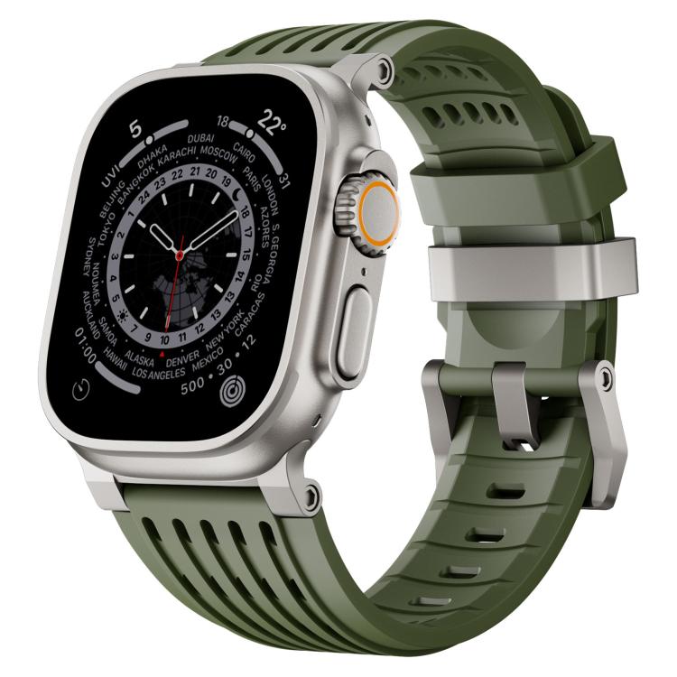 Green breathable silicone watch band with stainless steel double-ring buckle on a silver watch