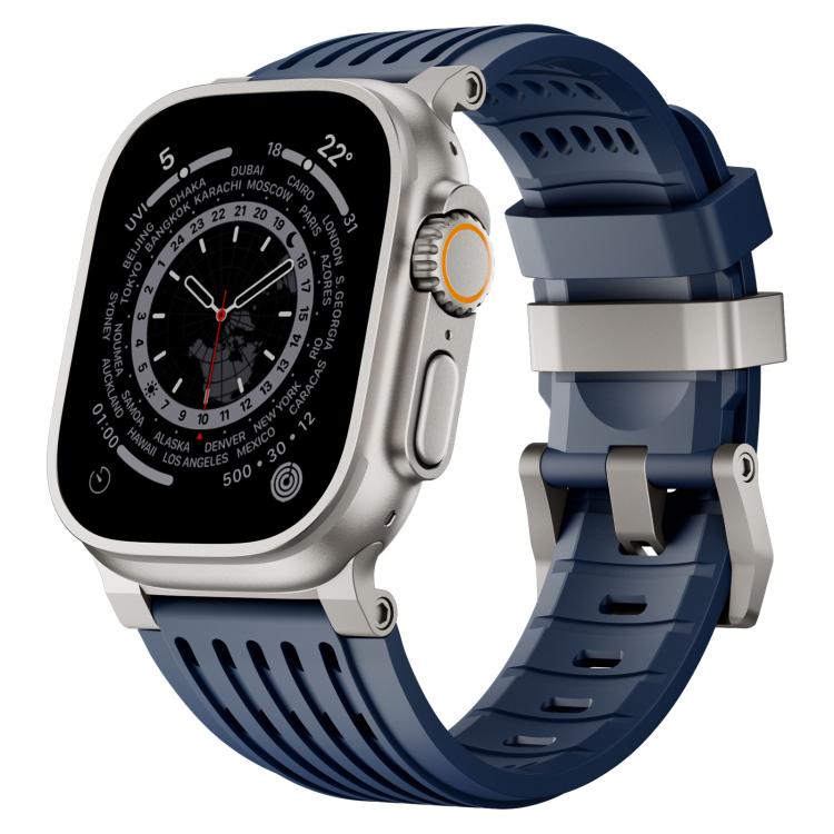 Blue breathable silicone watch band with stainless steel double-ring buckle on a silver watch