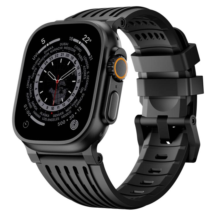 Black breathable silicone watch band with stainless steel double-ring buckle on a dark watch