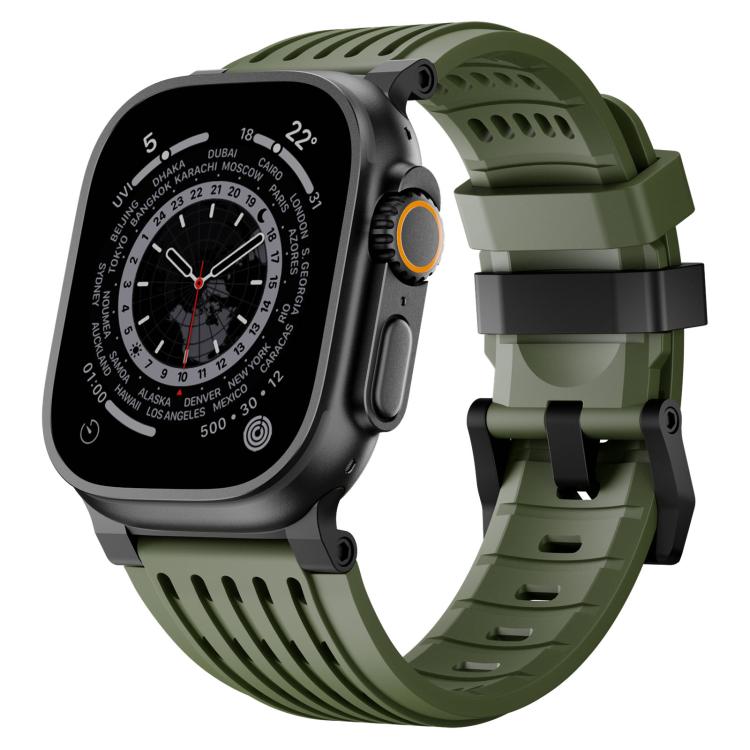 Olive green breathable silicone Apple Watch band with double ring buckle