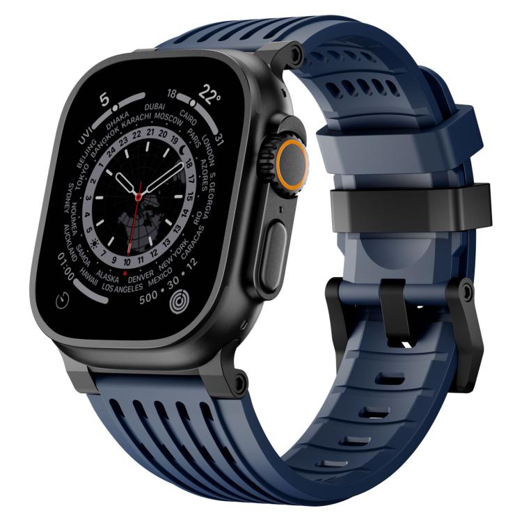 Navy breathable silicone Apple Watch band with double ring buckle