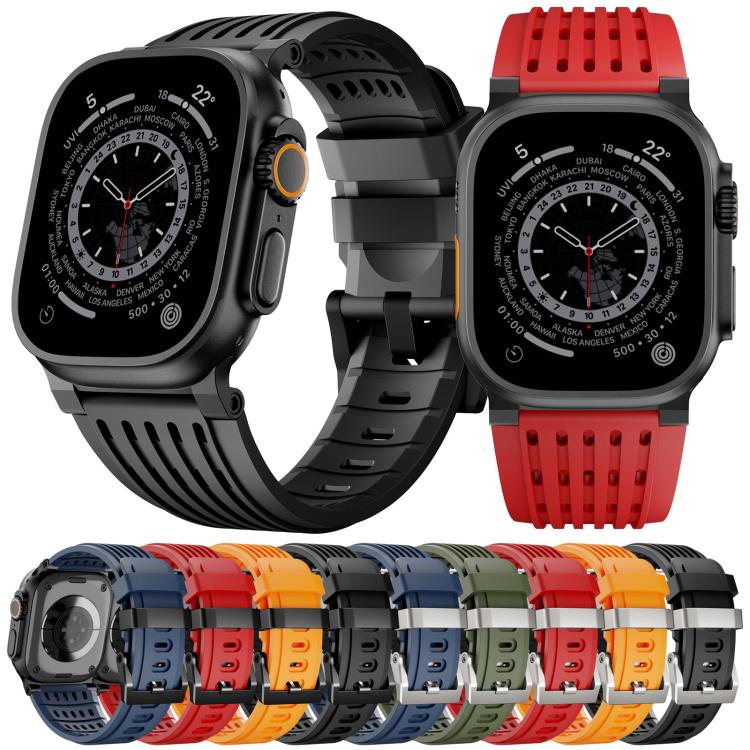 Apple Watch bands in black, red, orange, navy, and olive green