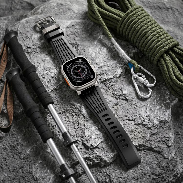 Black vented silicone Apple Watch band with double ring buckle