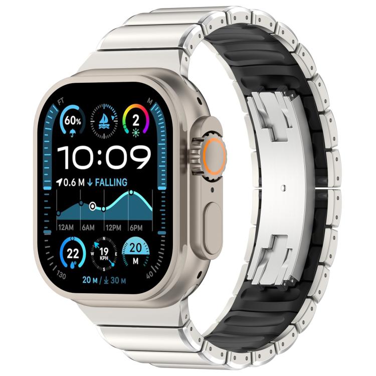 Silver titanium alloy watch band with black silicone lining and folding clasp, shown on a watch