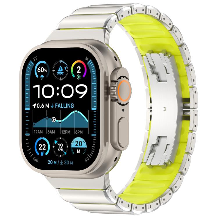 Silver titanium alloy watch band with lime silicone lining and folding clasp, shown on a watch