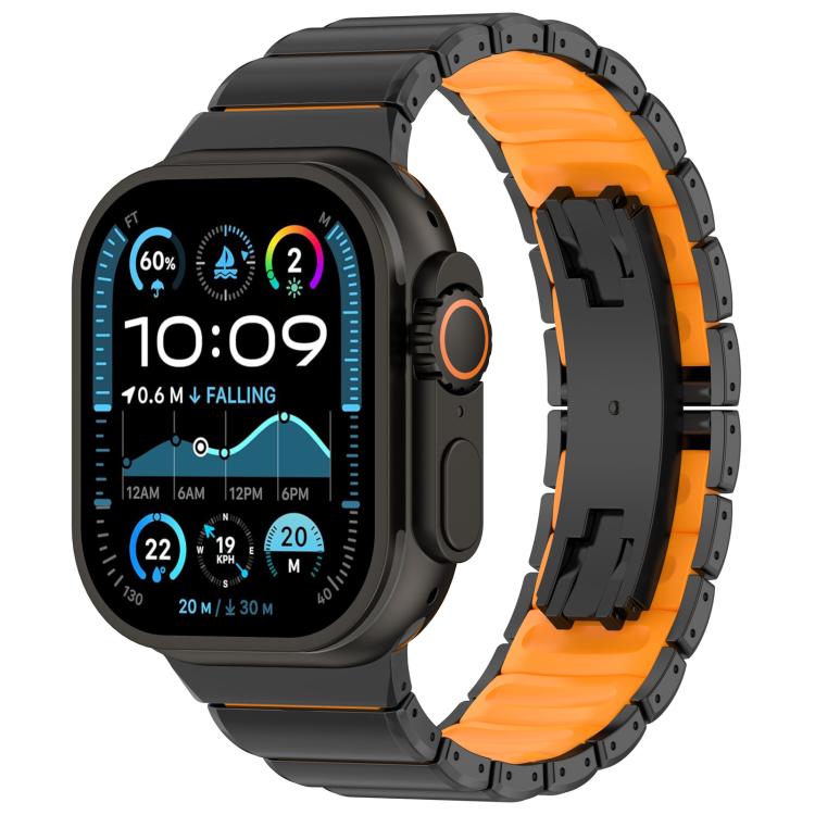 Black titanium alloy watch band with orange silicone inlay and folding buckle