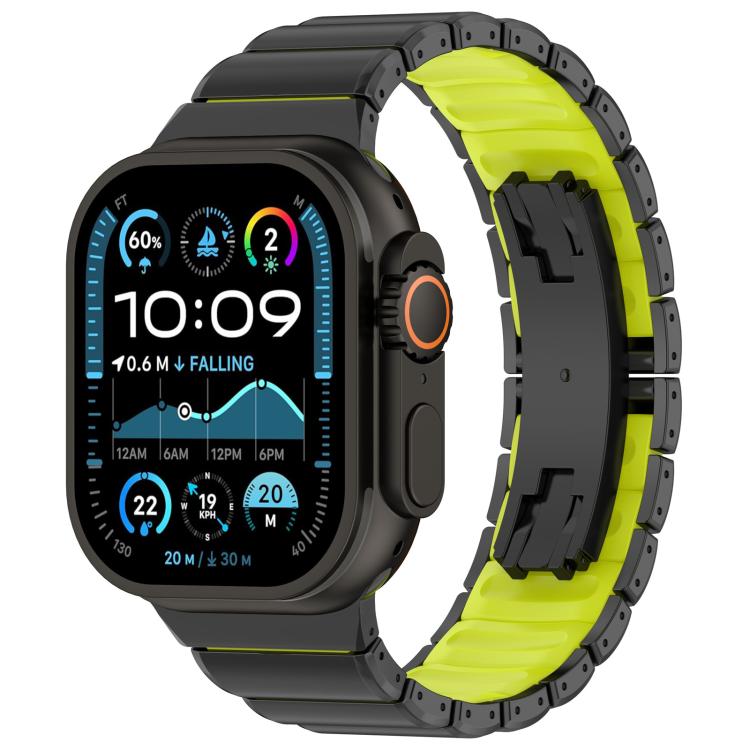 Black titanium alloy watch band with lime silicone inlay and folding buckle