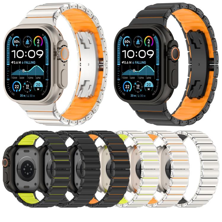 Watch band shown in silver and black with orange silicone inlays, plus other color options