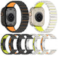 Watch band shown from back in black with orange inlay and silver with lime inlay