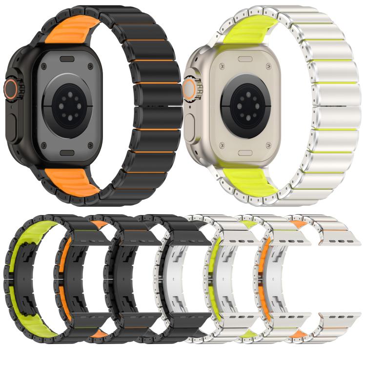 Watch band shown from back in black with orange inlay and silver with lime inlay