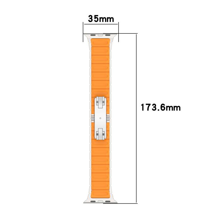 Orange silicone watch band with silver links and folding buckle, shown with 35 mm width and 173.6 mm length