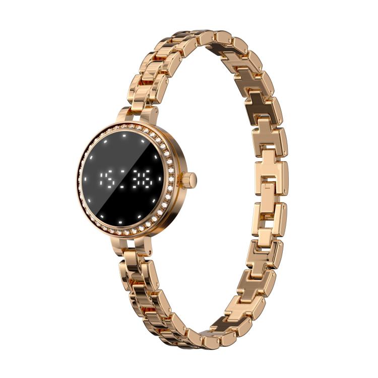 Rose-gold smart bracelet with round black digital face and crystal-set bezel