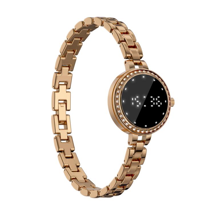Rose-gold smart bracelet with linked metal band and round digital display, alternate angle