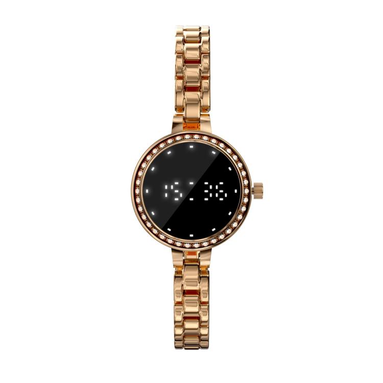 Rose gold smart bracelet with a round black display, crystal-set bezel, and linked metal band