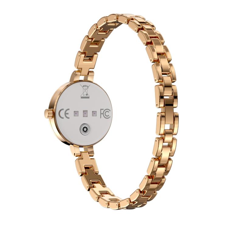 Back of rose-gold smart bracelet showing sensor and regulatory markings