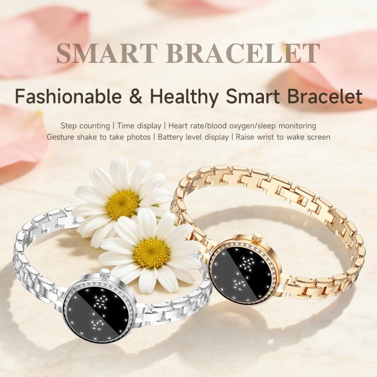 Silver and rose-gold smart bracelets with round black digital displays and linked bands