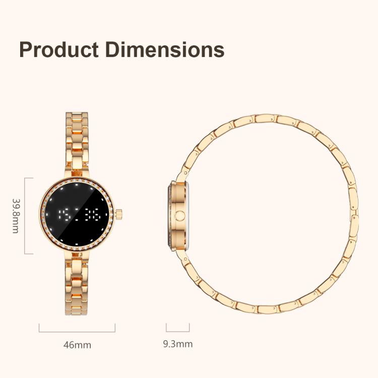 Rose gold smart bracelet shown front and side with dimensions of 46 mm by 39.8 mm