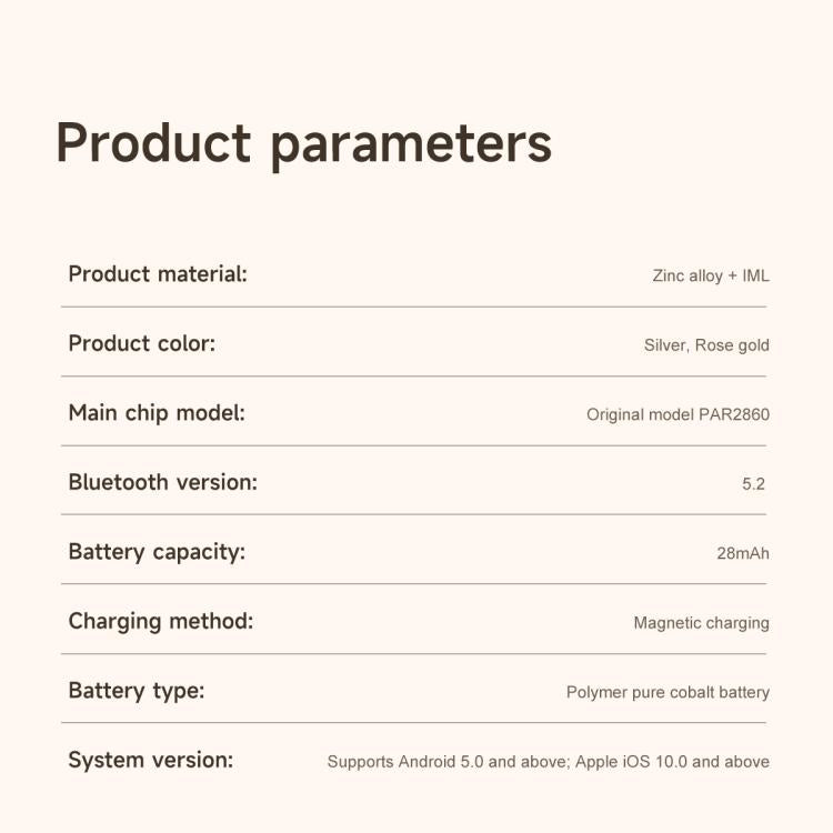 Smart bracelet product specifications list materials, Bluetooth, battery, and charging details