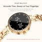 Close-up of rose-gold smart bracelet with crystal-set bezel and digital time display