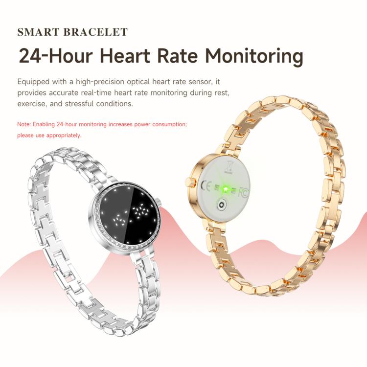 Smart bracelets in silver and rose gold, showing the back sensor and display