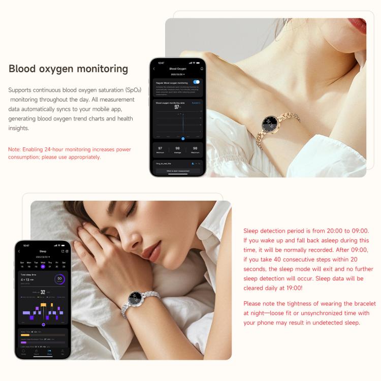 Rose-gold smart bracelet worn on wrist beside a phone displaying health data