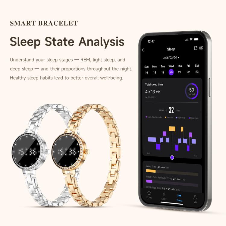 Silver and rose-gold smart bracelets beside a phone showing sleep analysis
